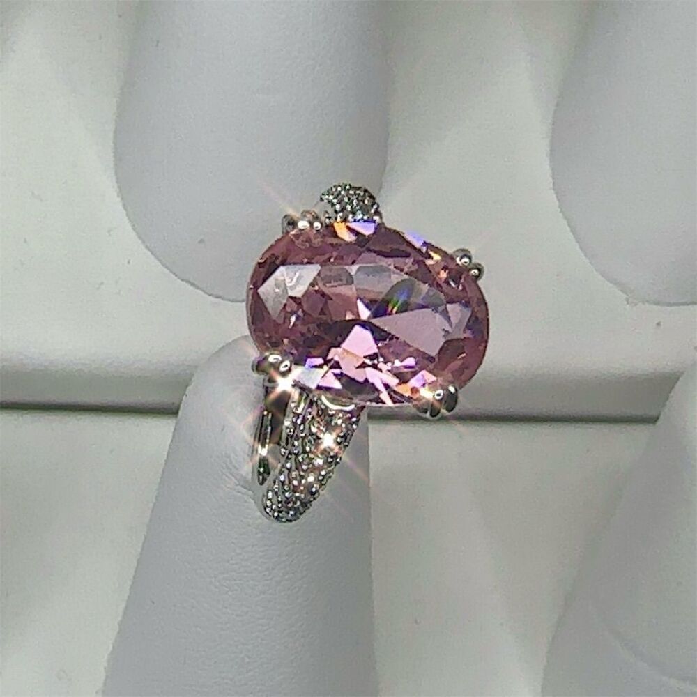 Pink Solitaire Gemstone Ring w/ Clear Accents Silver Plated Engagement size 6 - Picture 8 of 10